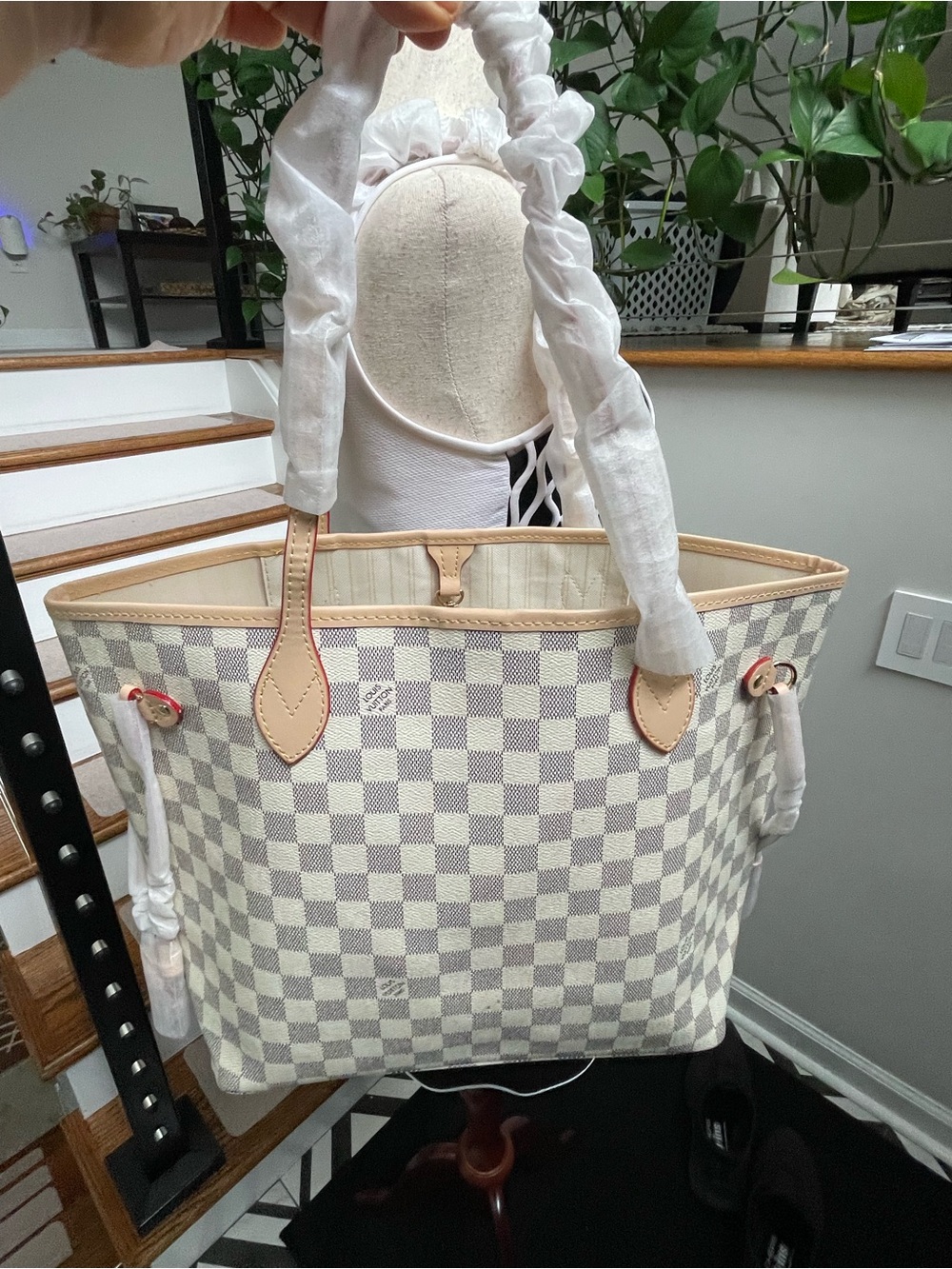Ivory Checkered Tote Bag with Tan Trim